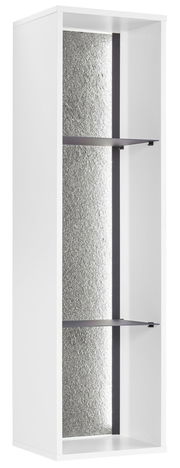 Weißes Regal mit zwei Einlegeböden und silberner Rückwand, seitliche Perspektive