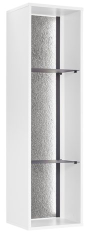 Weißes Regal mit zwei Einlegeböden und silberner Rückwand, seitliche Perspektive