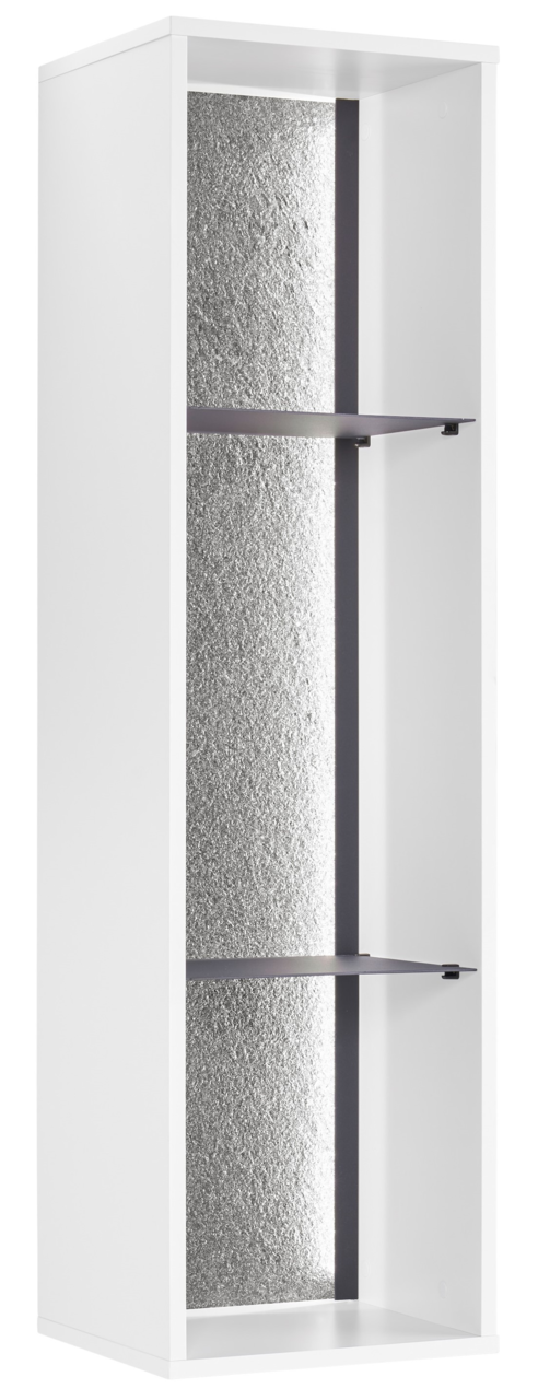 Weißes Regal mit zwei Einlegeböden und silberner Rückwand, seitliche Perspektive