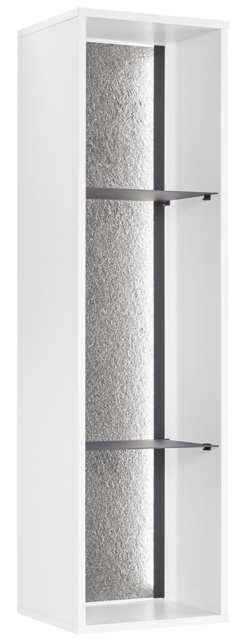 Set one by Musterring Hängeragal DELTONA Weißes Regal mit zwei Einlegeböden und silberner Rückwand, seitliche Perspektive