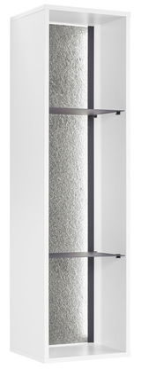 Weißes Regal mit zwei Einlegeböden und silberner Rückwand, seitliche Perspektive