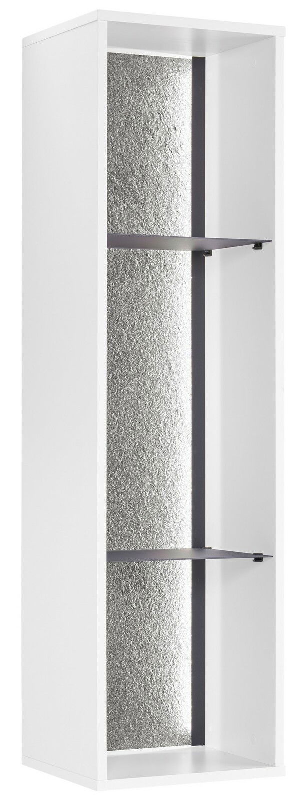 Weißes Regal mit zwei Einlegeböden und silberner Rückwand, seitliche Perspektive