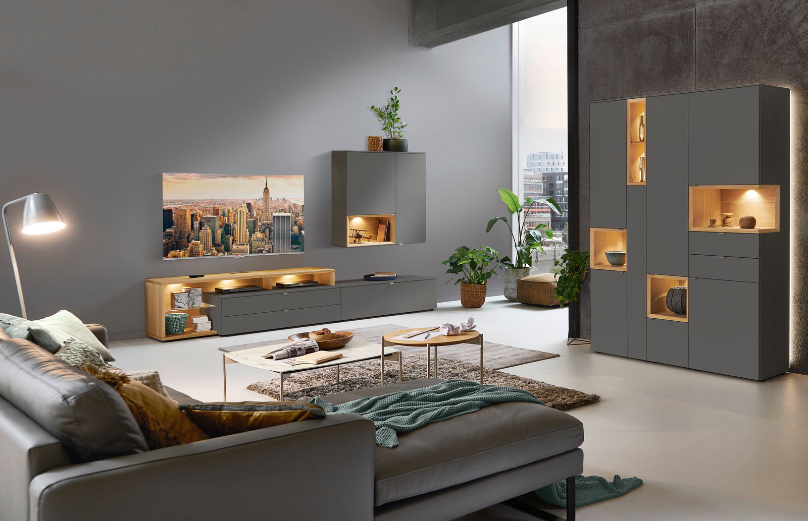 Moderne Wohnzimmeransicht mit grauer Vitrine, die von vorne gezeigt wird, umgeben von stilvollen Möbeln und Pflanzen.