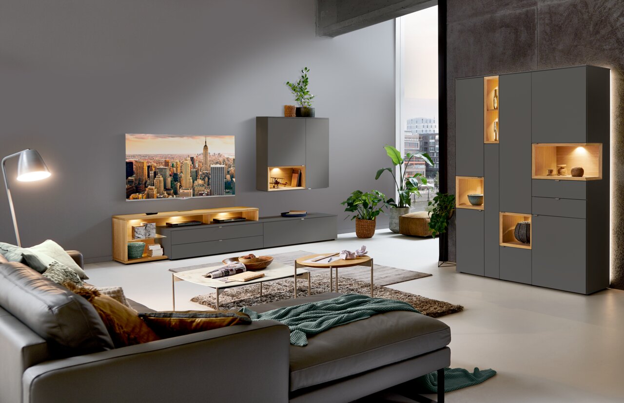 Moderne Wohnzimmeransicht mit grauer Vitrine, die von vorne gezeigt wird, umgeben von stilvollen Möbeln und Pflanzen.
