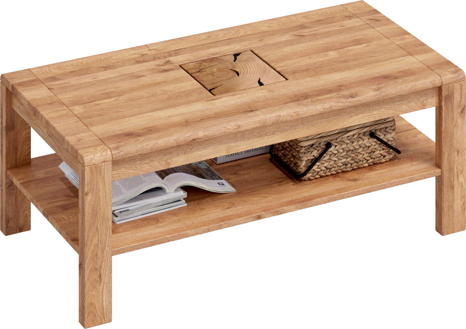 Rechteckiger Couchtisch aus hellem Holz mit Ablageboden und dekorativer Einlage in der Tischplatte, schräg von oben in 3/4-Ansicht fotografiert.