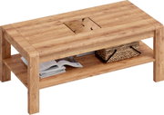 Rechteckiger Couchtisch aus hellem Holz mit Ablageboden und dekorativer Einlage in der Tischplatte, schräg von oben in 3/4-Ansicht fotografiert.