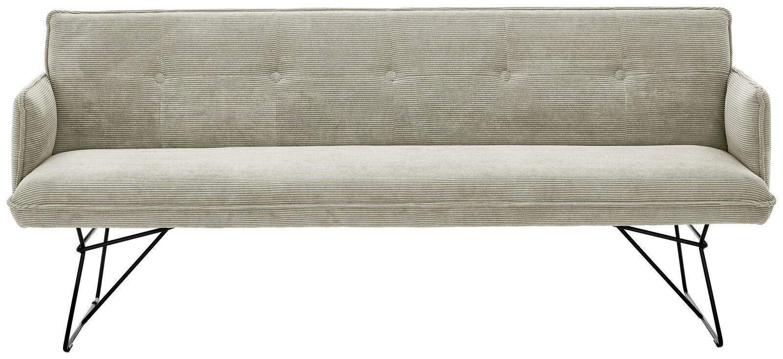 Zweisitzer-Sofa mit hellgrauem Cordbezug und schwarzen Metallbeinen, Frontalansicht