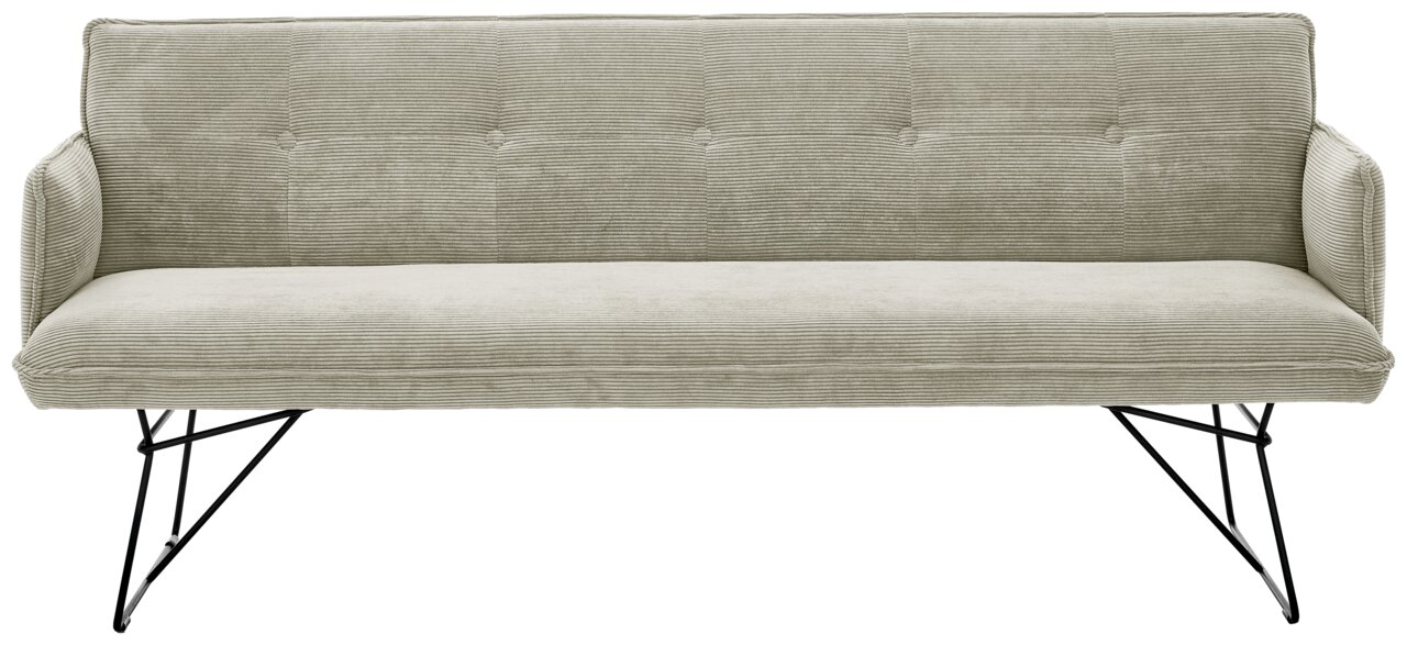 Zweisitzer-Sofa mit hellgrauem Cordbezug und schwarzen Metallbeinen, Frontalansicht