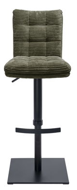 Frontansicht eines Barhockers mit grünem, geripptem Polster und schwarzem Metallgestell.