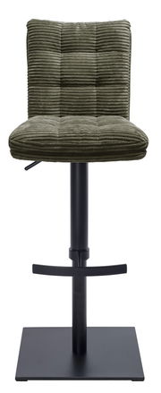 Frontansicht eines Barhockers mit grünem, geripptem Polster und schwarzem Metallgestell.