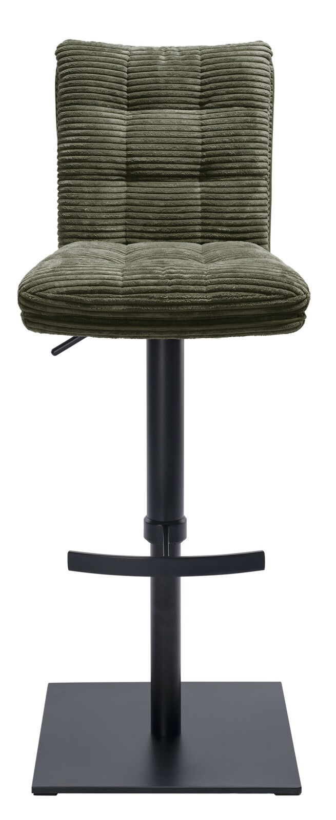 Frontansicht eines Barhockers mit grünem, geripptem Polster und schwarzem Metallgestell.