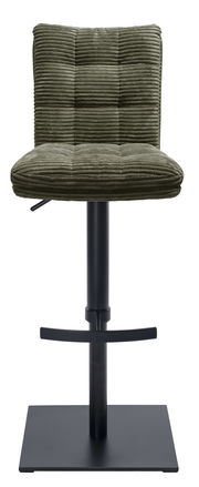Frontansicht eines Barhockers mit grünem, geripptem Polster und schwarzem Metallgestell.