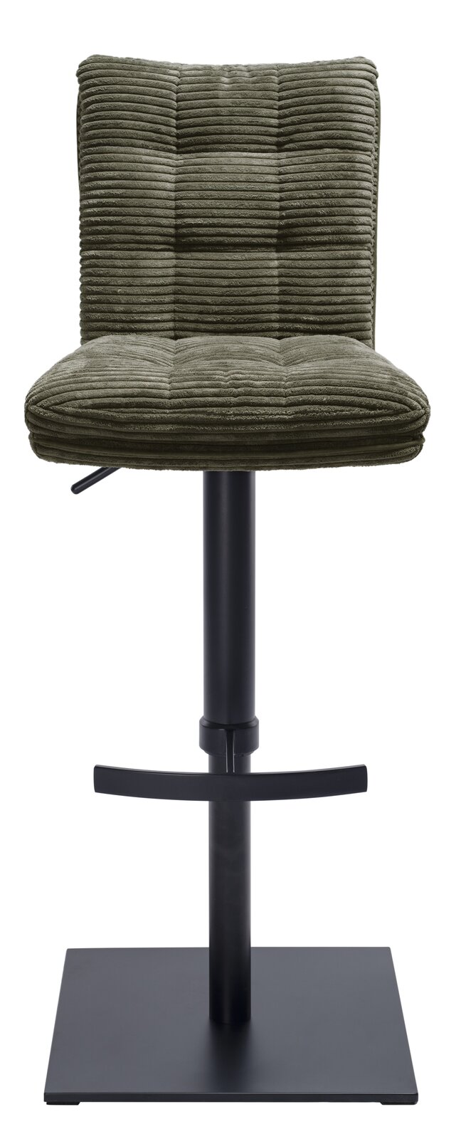Frontansicht eines Barhockers mit grünem, geripptem Polster und schwarzem Metallgestell.