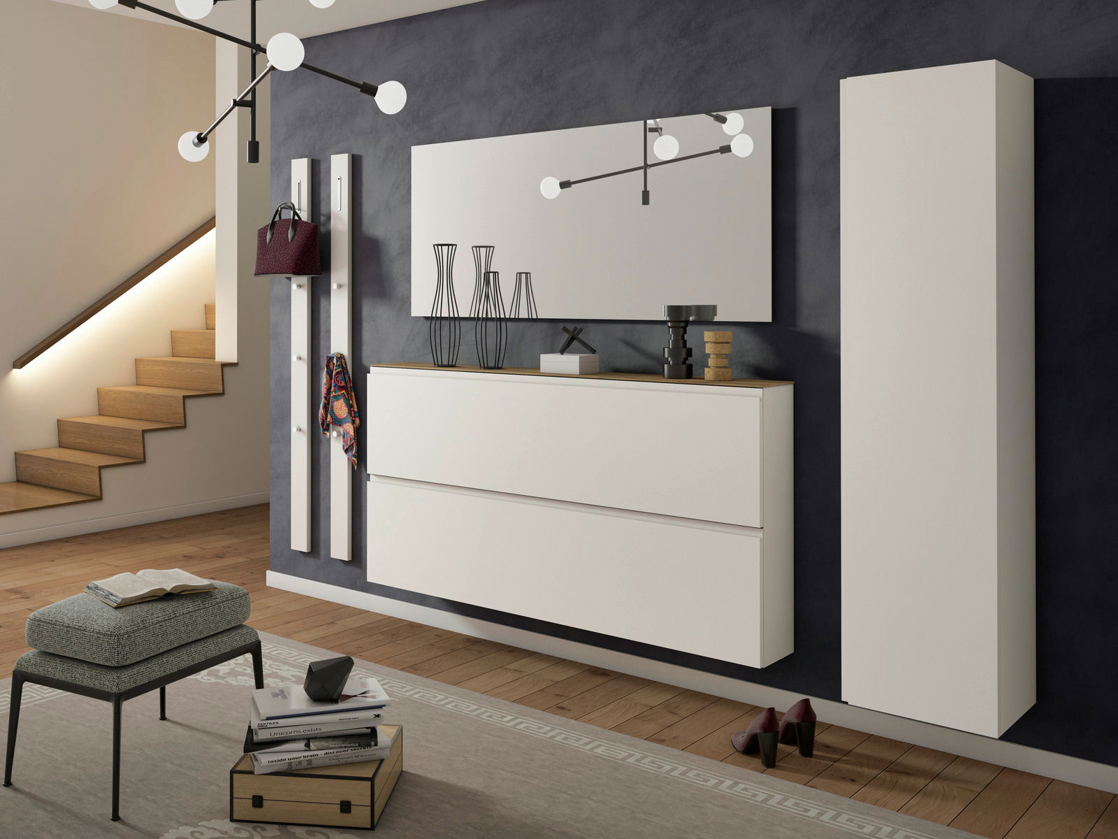 Moderano XL-Hängeschuhschrank LECCO Moderne Garderobenset mit weißem Hängeschuhschrank, Spiegel und Hakenleisten, seitliche Perspektive.