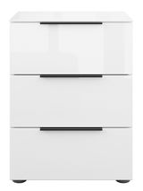 Weiße Nachtkommode mit drei Schubladen, frontale Ansicht