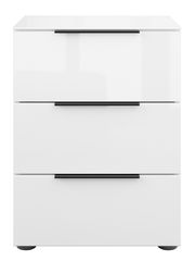 Weiße Nachtkommode mit drei Schubladen, frontale Ansicht