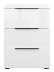 Weiße Nachtkommode mit drei Schubladen, frontale Ansicht