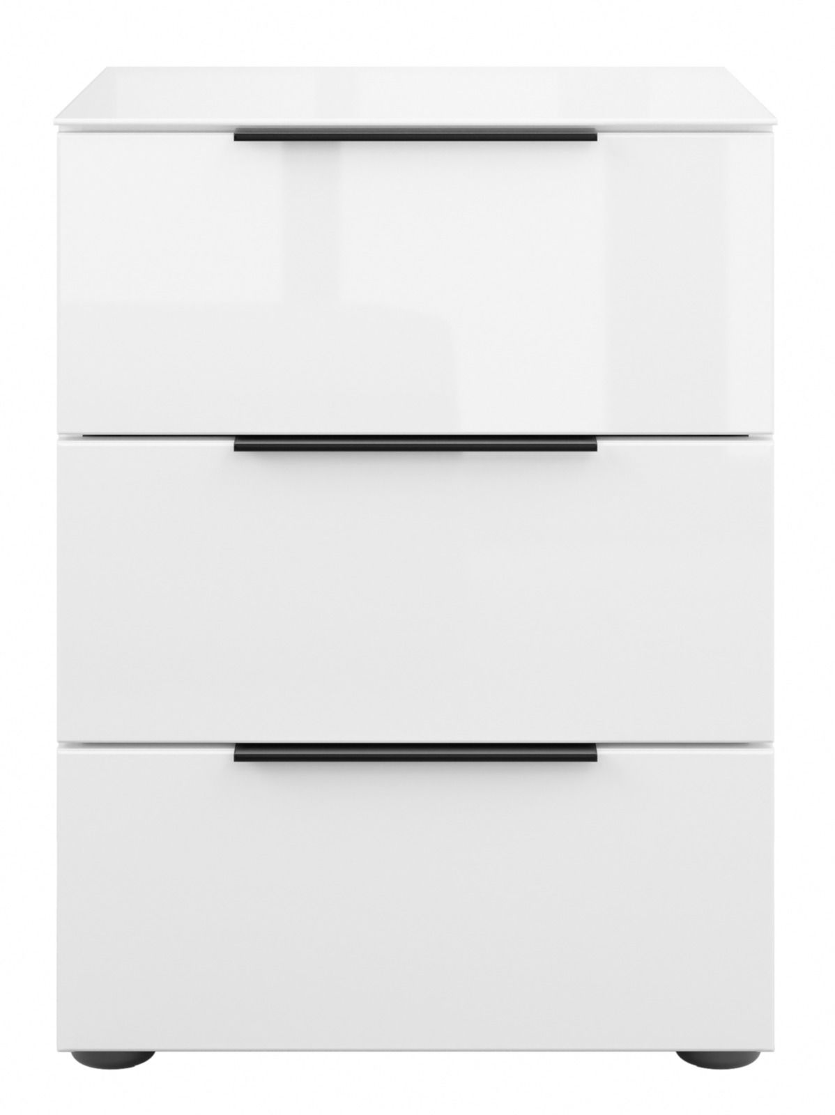 Weiße Nachtkommode mit drei Schubladen, frontale Ansicht