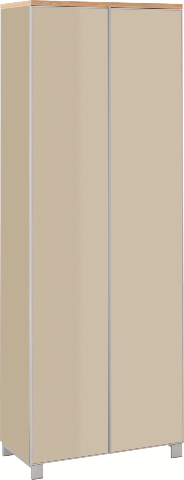 VOSS Garderobenschrank VORTINA Beiger zweitüriger Kleiderschrank mit Holzdeckplatte und silberfarbenem Rahmen auf Füßen, in leichter Schrägansicht von vorne