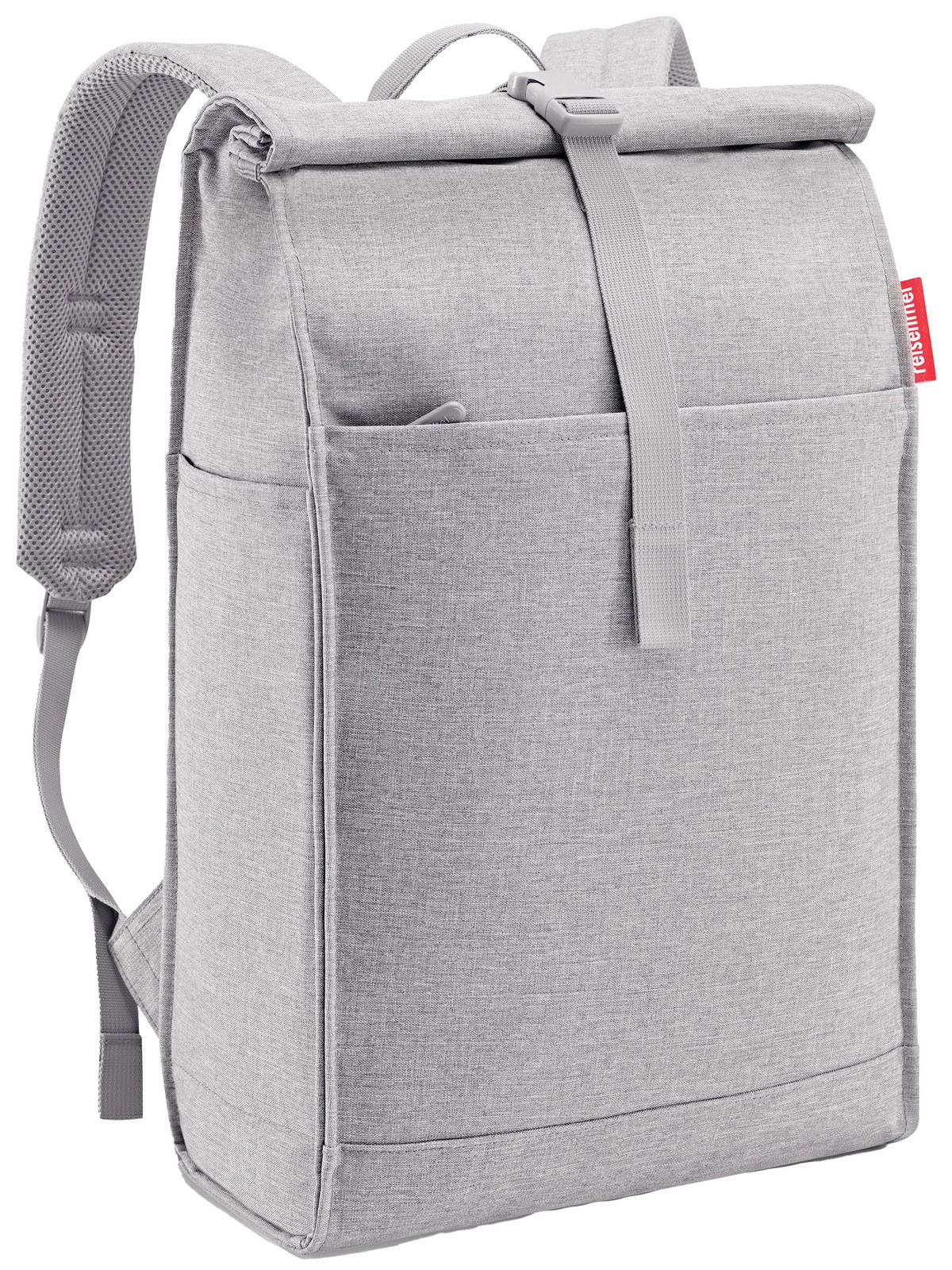 Grauer urbaner Rolltop-Rucksack mit seitlicher Perspektive, zeigt verstellbare Träger und eine Fronttasche.