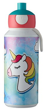 Trinkflasche mit Einhornmotiv, bunte Regenbogenmähne, seitliche Ansicht