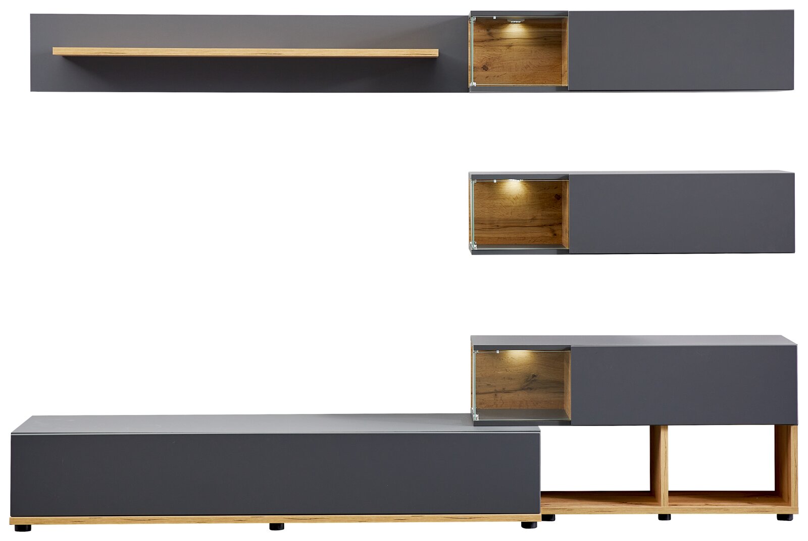 Moderne TV-Lowboard-Kombination in grauer Farbe mit Holzdetails, bestehend aus mehreren wandmontierten und stehenden Elementen, frontal betrachtet.