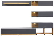 Moderne TV-Lowboard-Kombination in grauer Farbe mit Holzdetails, bestehend aus mehreren wandmontierten und stehenden Elementen, frontal betrachtet.