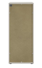 Rückansicht eines Aktenschranks mit Schloss rechts, beige Rückwand, rechteckige Form