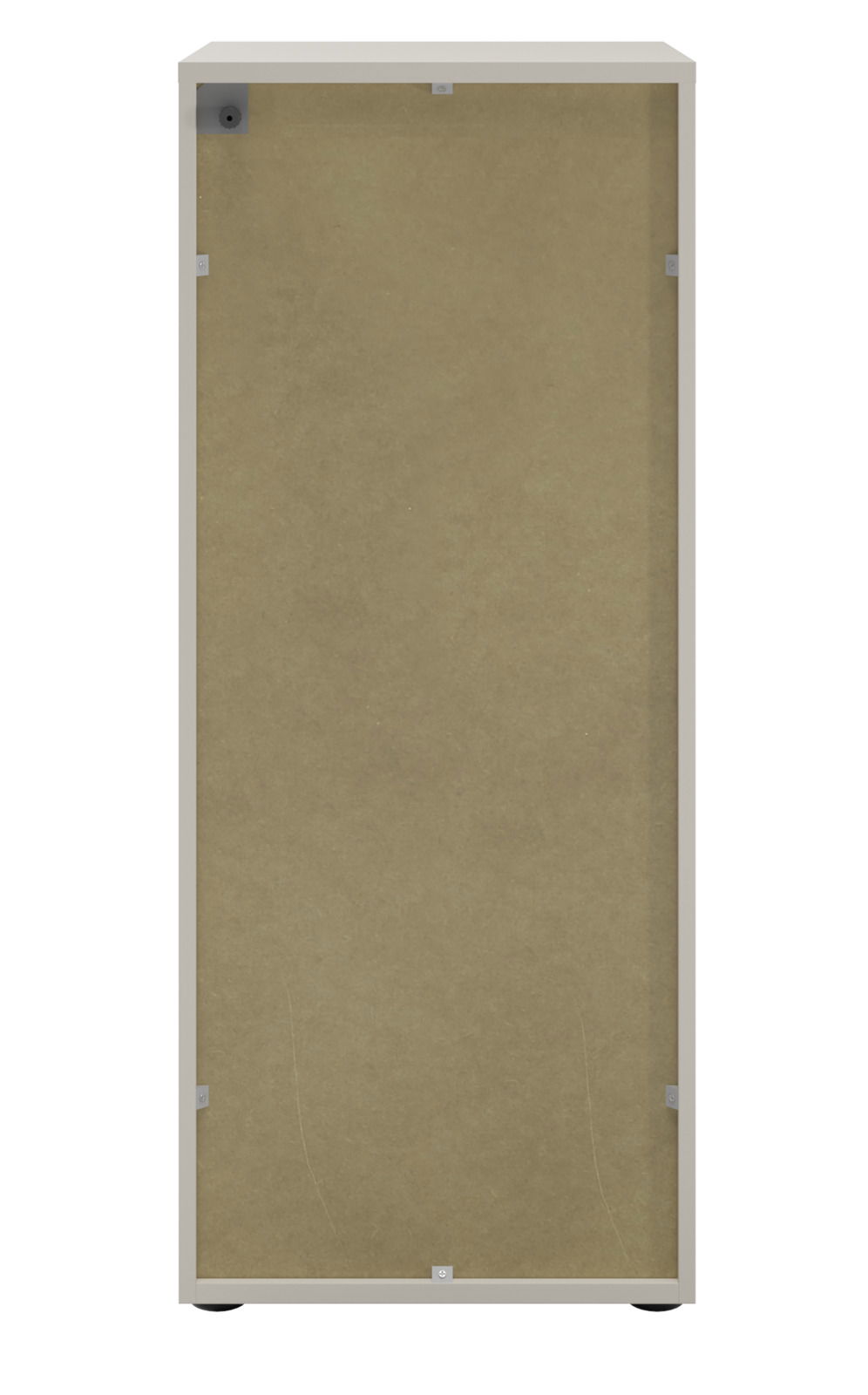 Rückansicht eines Aktenschranks mit Schloss rechts, beige Rückwand, rechteckige Form