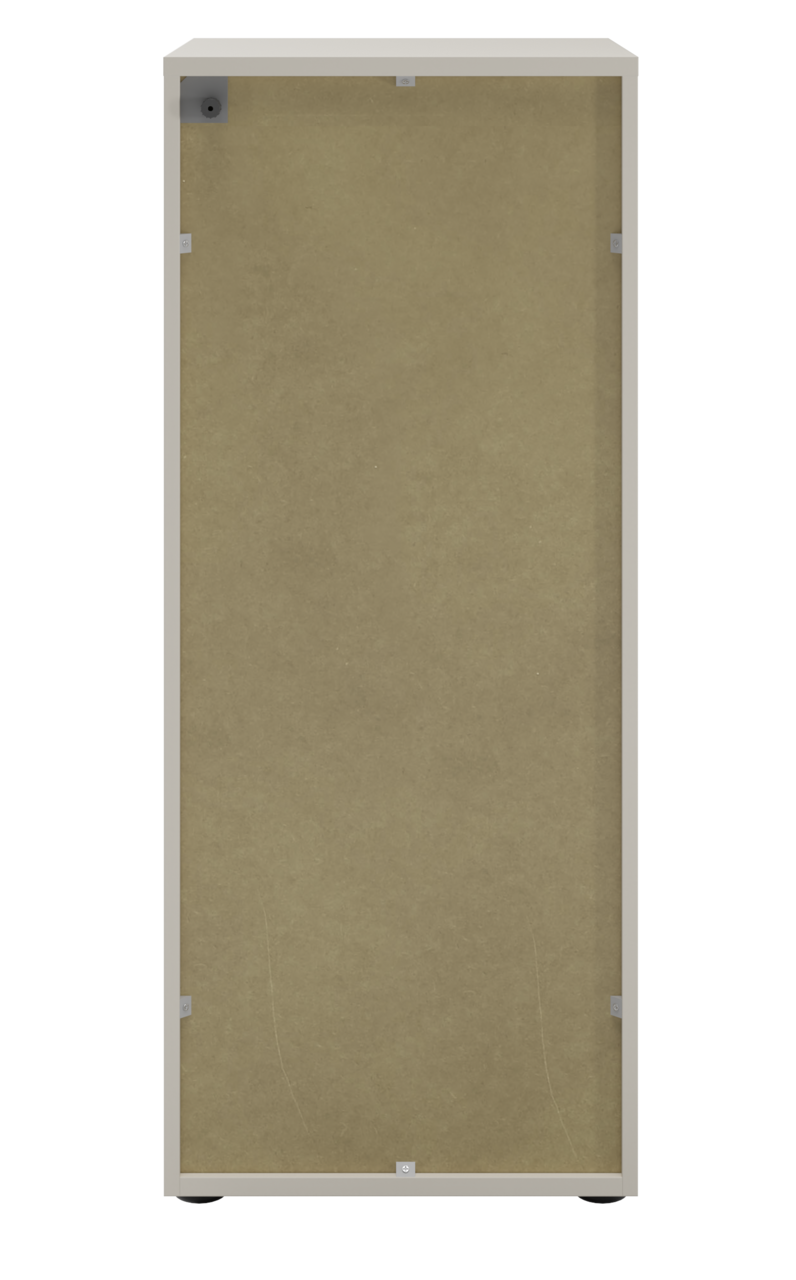 Rückansicht eines Aktenschranks mit Schloss rechts, beige Rückwand, rechteckige Form