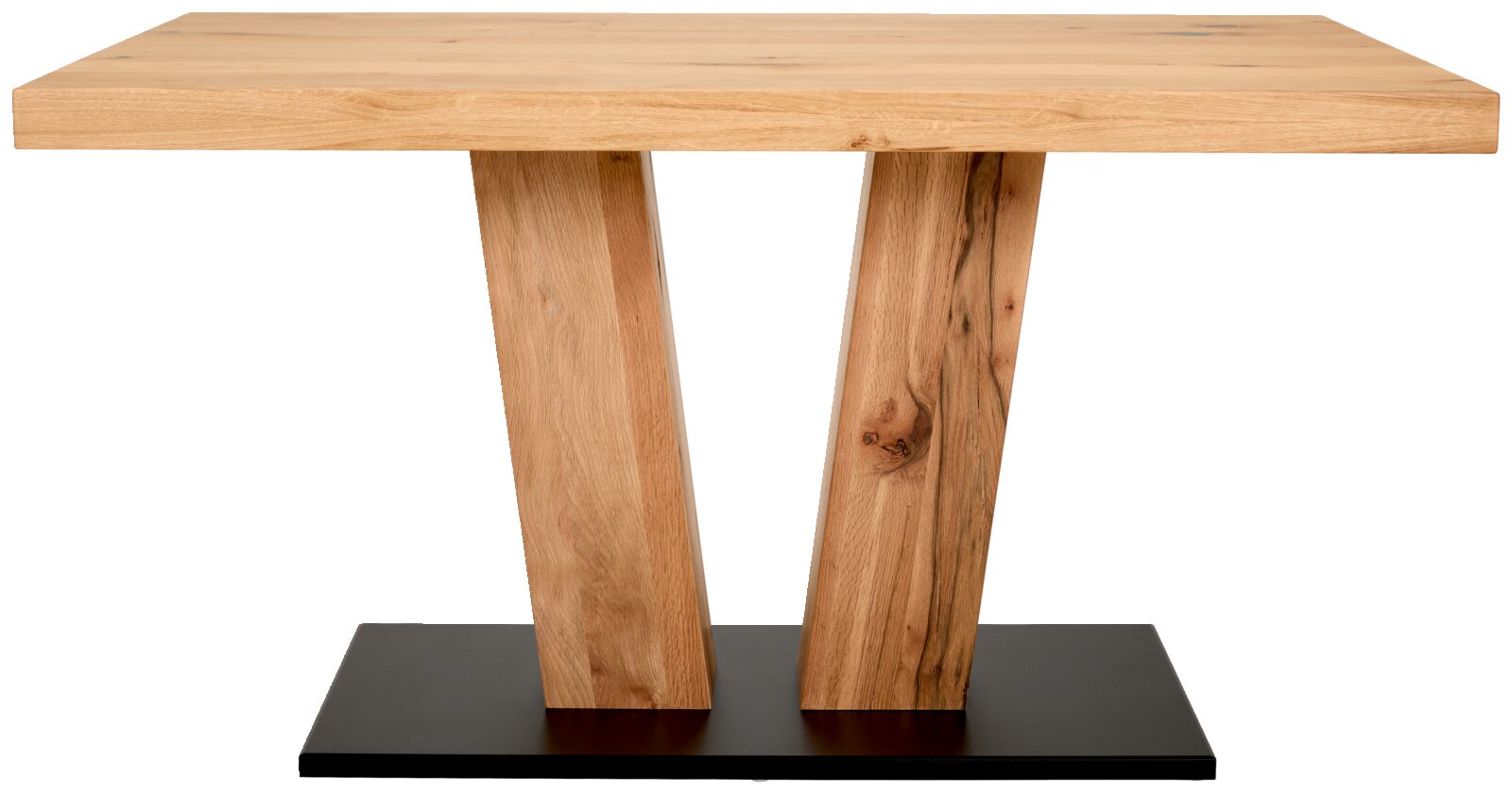 Moderne houten eettafel met V-vormige poten, gezien van voren