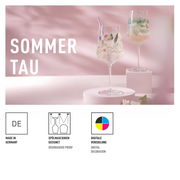 Zwei elegante Weingläser mit floralen Mustern, präsentiert auf weißen Podesten vor einem rosa Hintergrund, seitliche Perspektive.