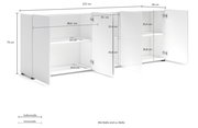 Weißes XL-Sideboard mit drei offenen Türen, zeigt Innenfächer und Maße aus einer leicht schrägen Perspektive.