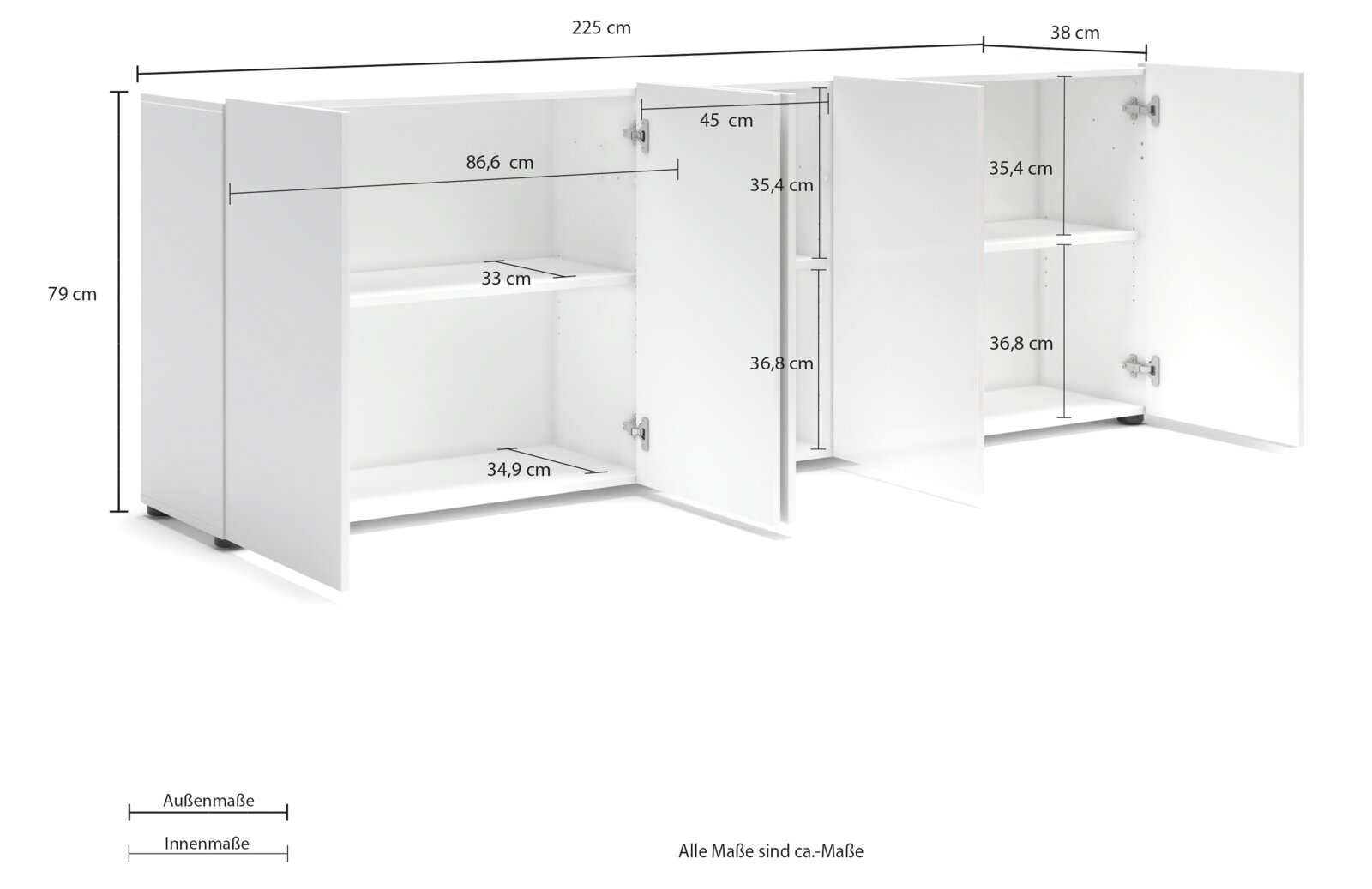 Wit XL-dressoir met drie open deuren, waarop de binnenvakken en afmetingen vanuit een licht schuin perspectief te zien zijn.