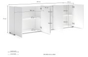 Wit XL-dressoir met drie open deuren, waarop de binnenvakken en afmetingen vanuit een licht schuin perspectief te zien zijn.
