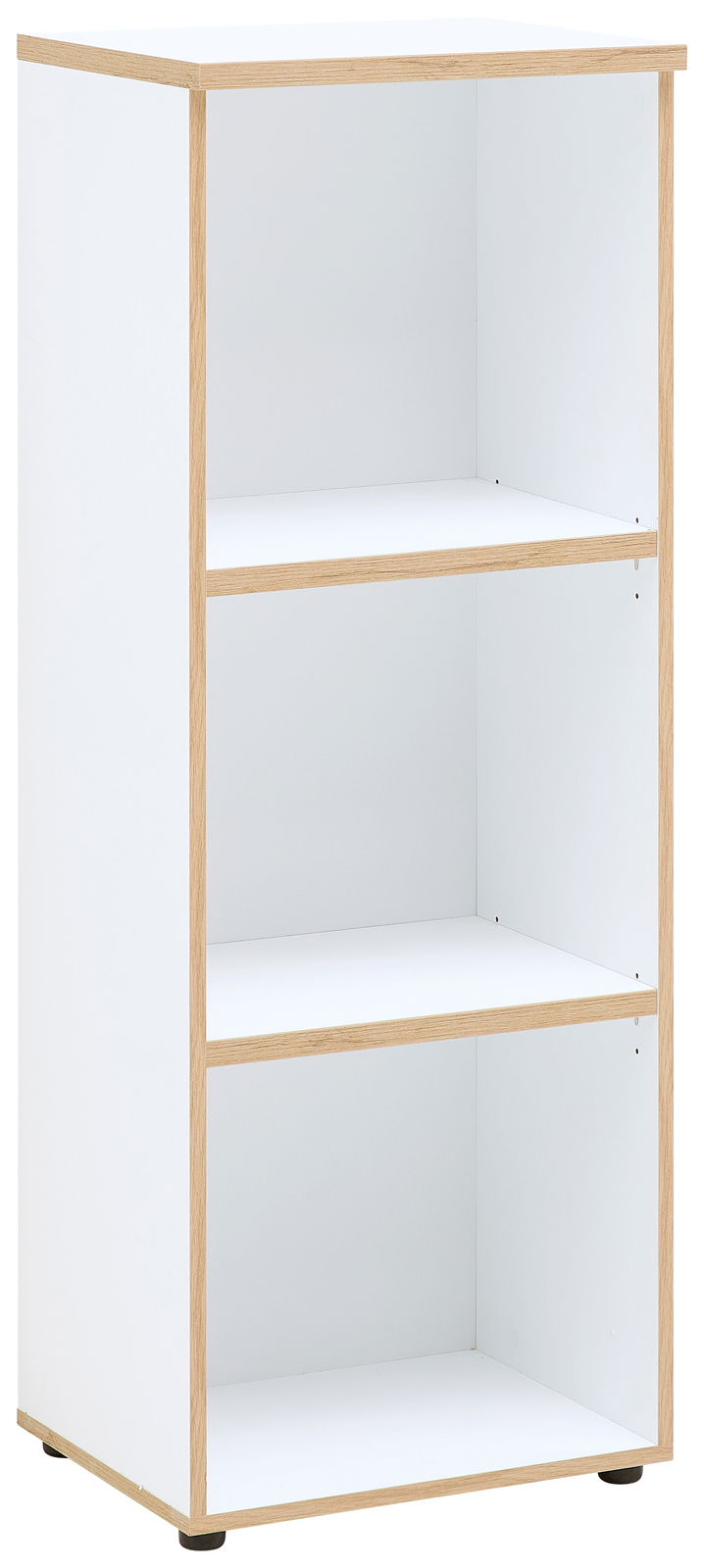 Weißes, niedriges Regal mit drei offenen Fächern und Holzrahmen, seitliche Perspektive