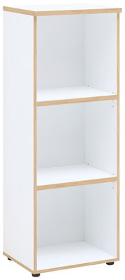 Weißes, niedriges Regal mit drei offenen Fächern und Holzrahmen, seitliche Perspektive