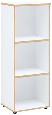 Weißes, niedriges Regal mit drei offenen Fächern und Holzrahmen, seitliche Perspektive