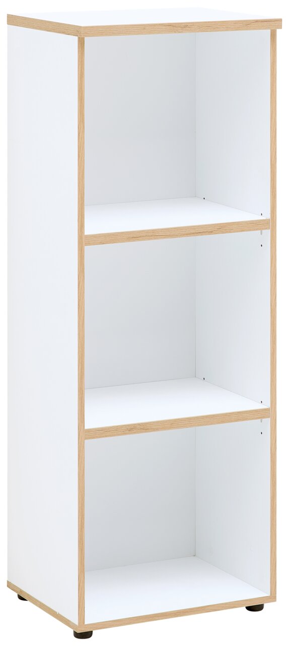 Weißes, niedriges Regal mit drei offenen Fächern und Holzrahmen, seitliche Perspektive