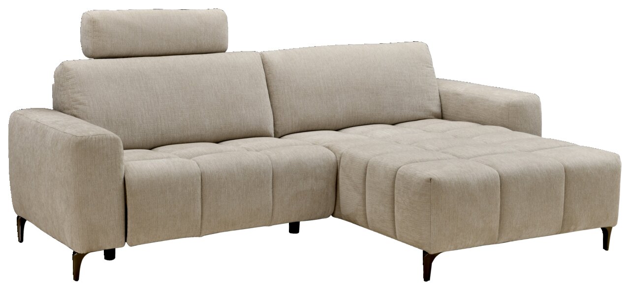 Z2 Ecksofa ROSALY Beiges Ecksofa ROSALY mit Kopfstütze, rechteckiger Form und modernen Metallfüßen, Perspektive von vorne rechts