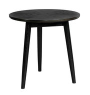 Runder schwarzer Couchtisch mit drei Beinen, seitliche Perspektive