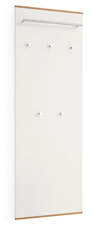 Witte wandkapstokpaneel met zilverkleurige kledingroede, vijf ronde haken en houten afwerking boven en onder, weergegeven in schuin vooraanzicht