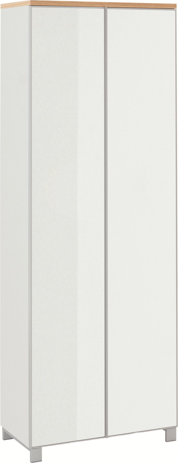 Weißer Kleiderschrank mit zwei glatten Türen, Holzoptik-Abdeckplatte und grauen Füßen, frontal in leichter Schrägansicht von vorn