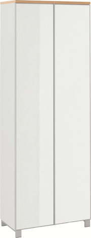 Weißer Kleiderschrank mit zwei glatten Türen, Holzoptik-Abdeckplatte und grauen Füßen, frontal in leichter Schrägansicht von vorn