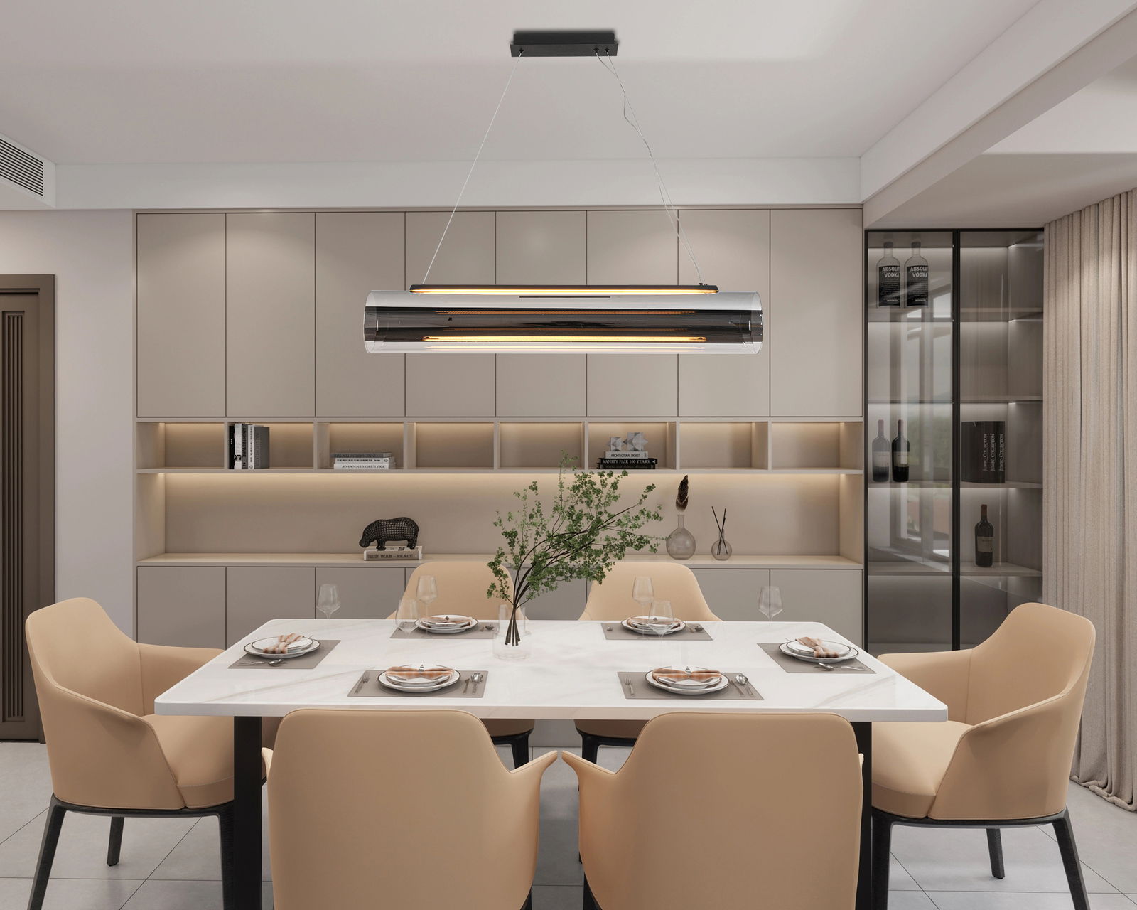 Moderne LED-Hängeleuchte über einem Esstisch in einem stilvoll eingerichteten Esszimmer, seitliche Perspektive.