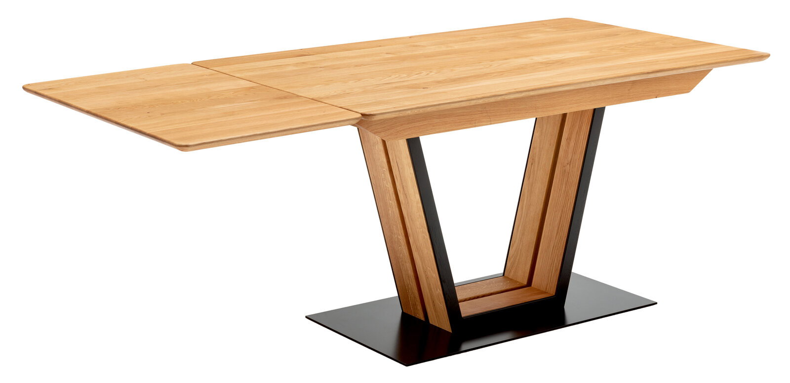 Moderner Esstisch aus Holz mit erweiterbarer Tischplatte und V-förmigem Metallgestell, seitliche Perspektive.