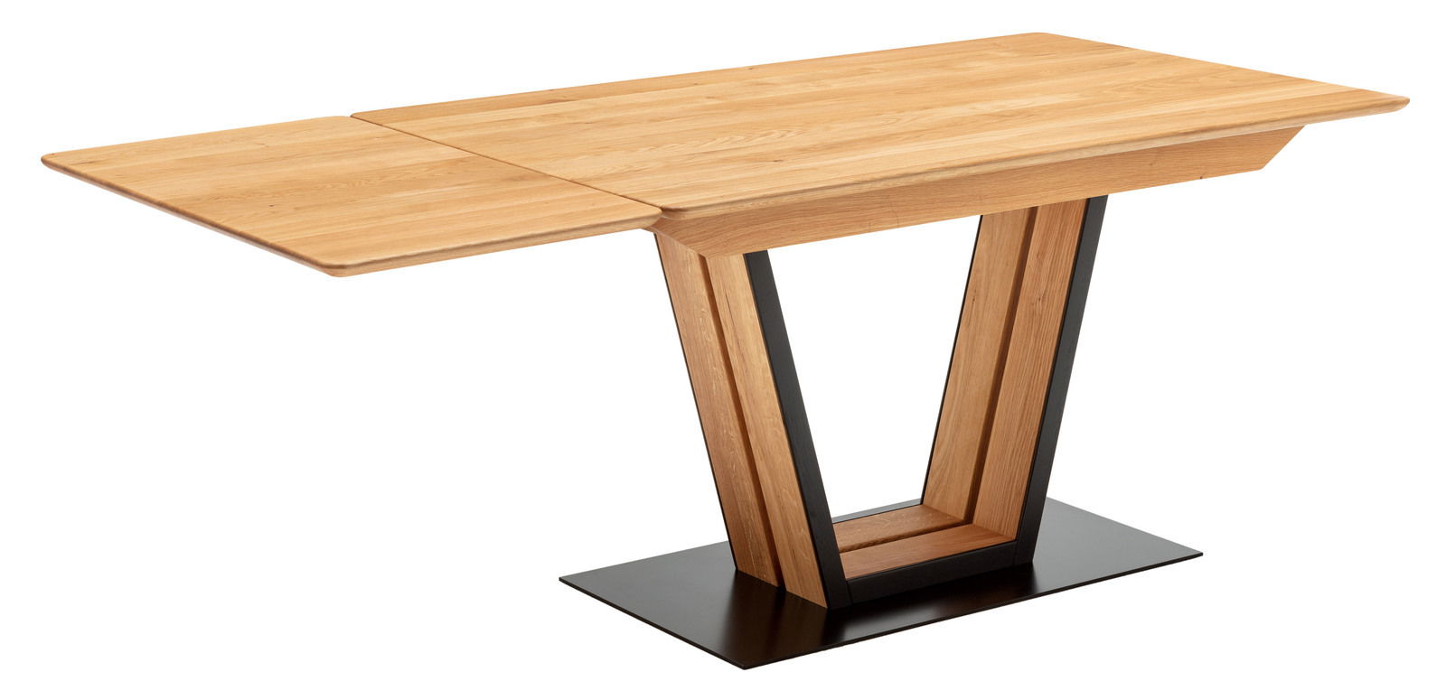 Moderner Esstisch aus Holz mit erweiterbarer Tischplatte und V-förmigem Metallgestell, seitliche Perspektive.