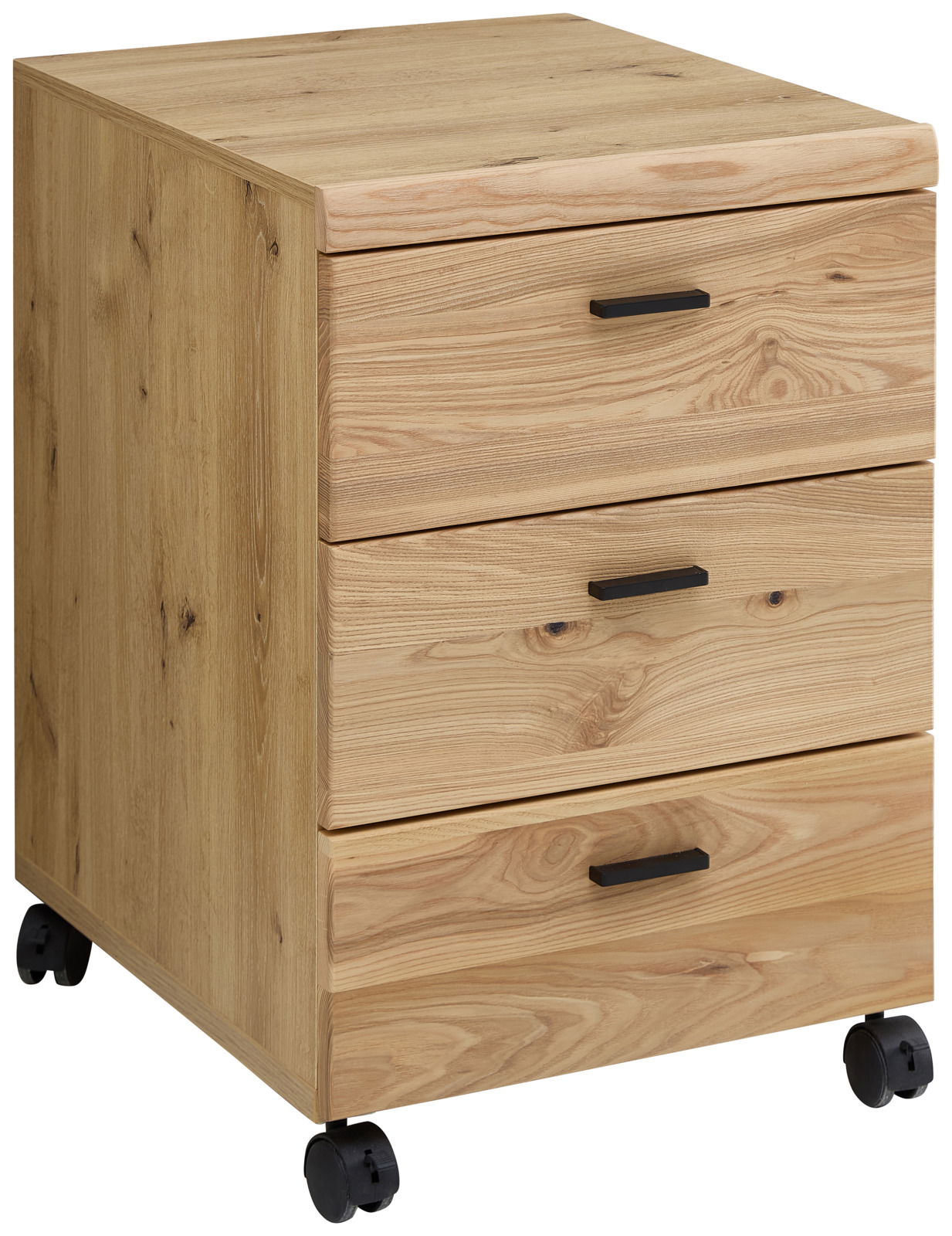 Voleo Rollcontainer GLENN Rollcontainer aus Holz mit drei Schubladen und schwarzen Griffen, auf Rollen, seitliche Perspektive