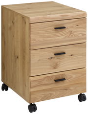 Rollcontainer aus Holz mit drei Schubladen und schwarzen Griffen, auf Rollen, seitliche Perspektive
