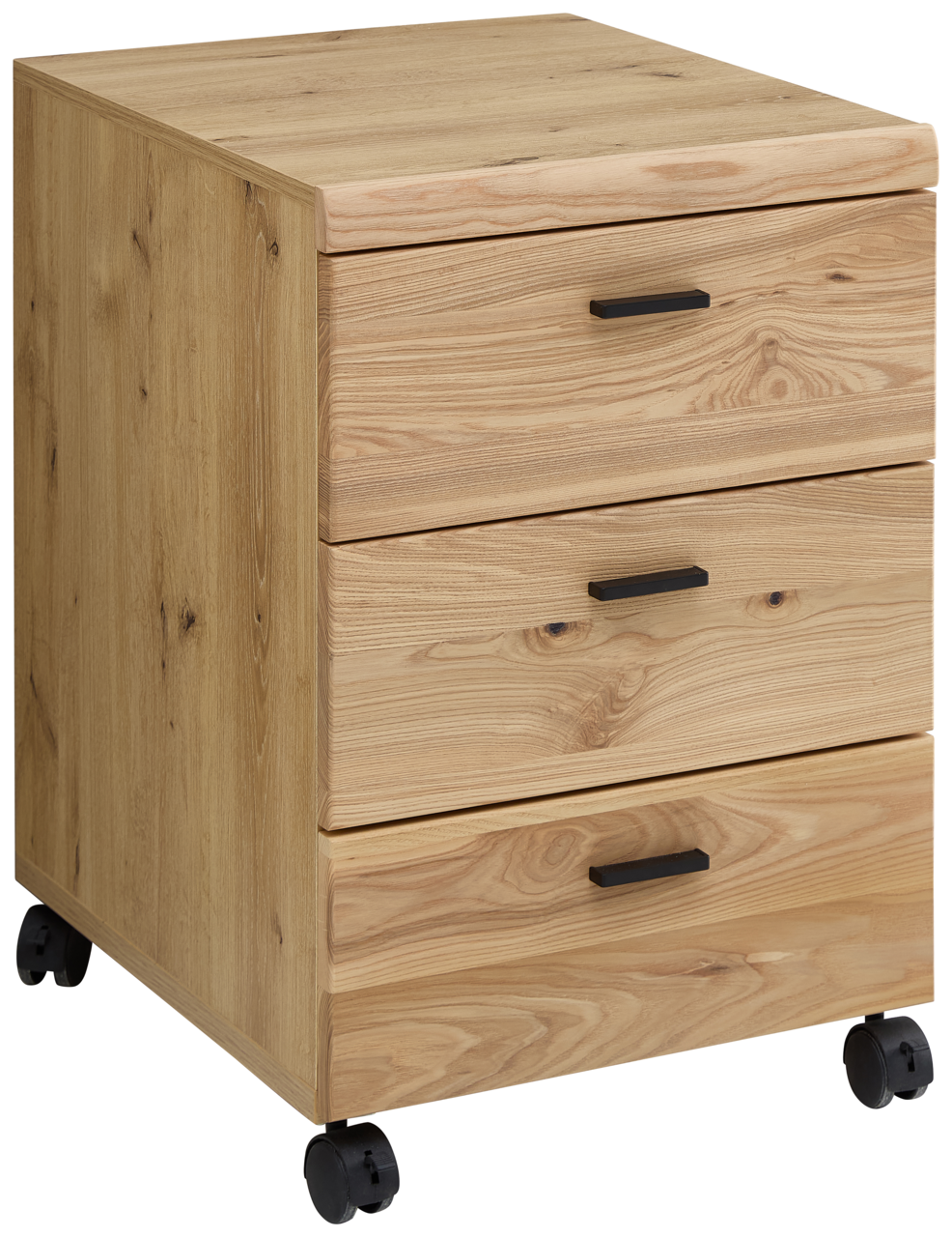 Voleo Rollcontainer GLENN Rollcontainer aus Holz mit drei Schubladen und schwarzen Griffen, auf Rollen, seitliche Perspektive